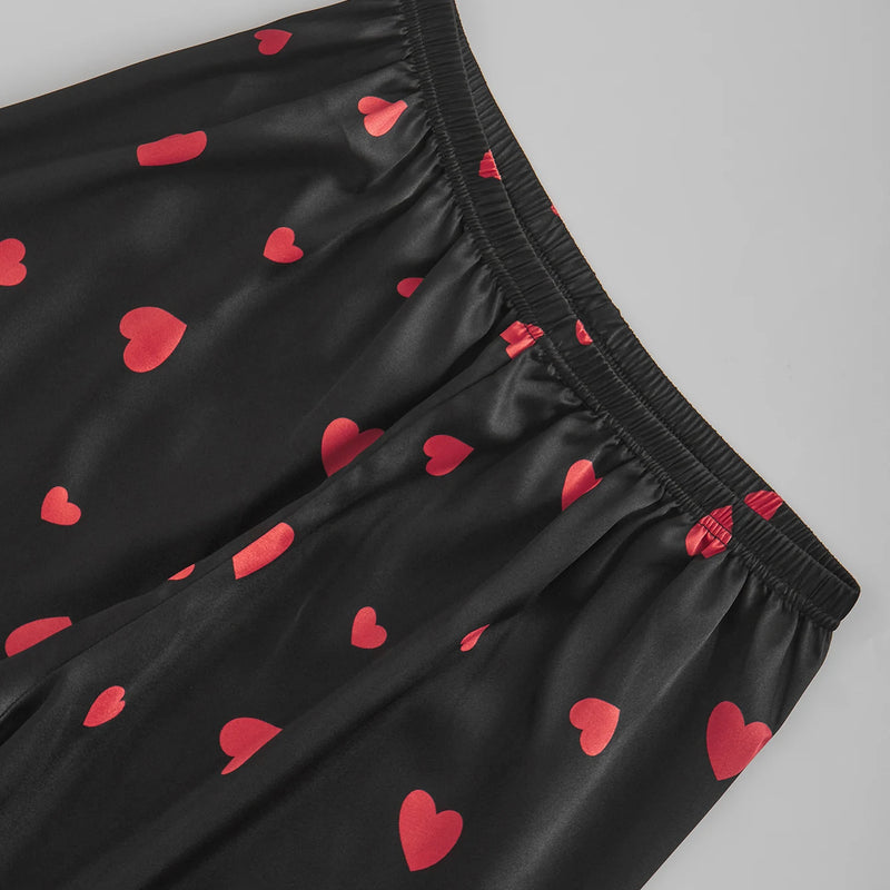 Women's Satin Silk Pajama Set Black Red Heart Print Short | SAMAG