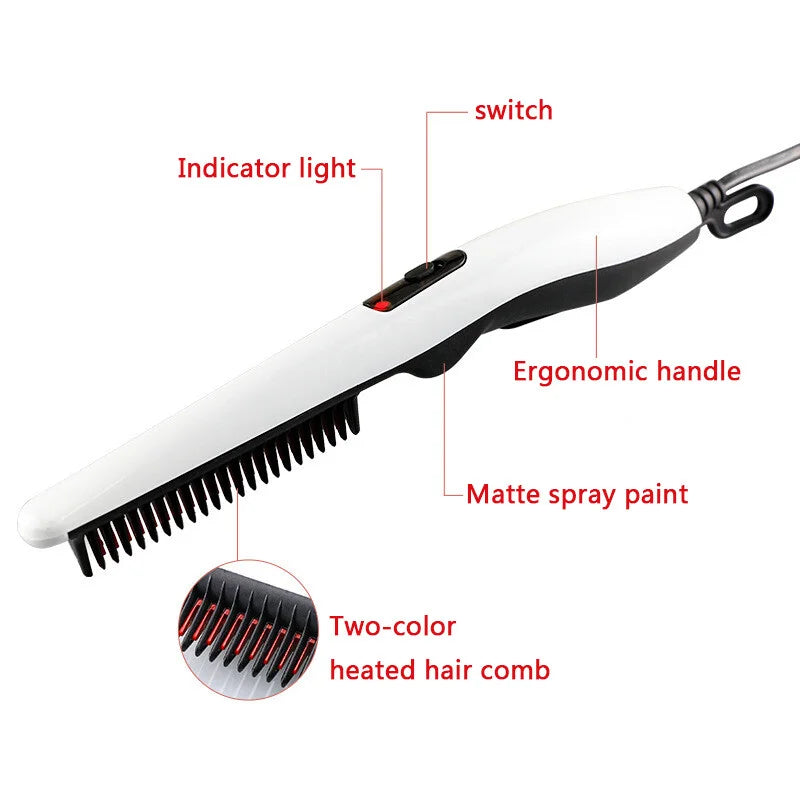 2-in-1 Electric Hair Straightening Comb Portable Anti-Scald Beard Straightener Fast Heat White Brush for Men & Women