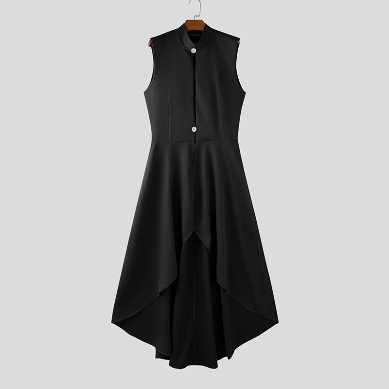 INCERUN Men Vests Solid Color Stand Collar Sleeveless Male Long Style Waistcoats Streetwear 2025 Fashion Casual Male Dress Vests