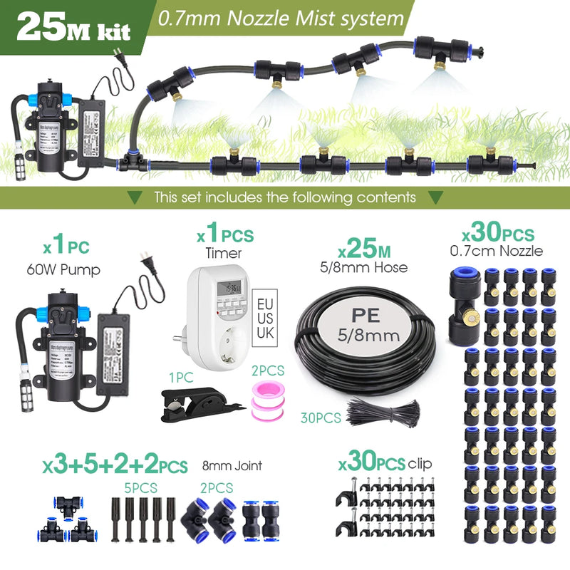 0.7MM Brass Nozzle 60W Self-Priming Pump Timing Misting Spray Kit for Garden Plants Farm Automatic Atomization Cooling System