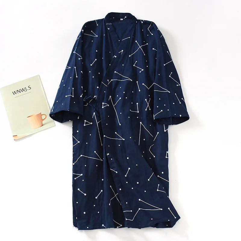 2026 New Men's 100% Cotton Gauze Bath Robes Loose Thin Japanese Kimono Pajamas for Men Casual Lace Up Bathrobes V-Neck Nightgown