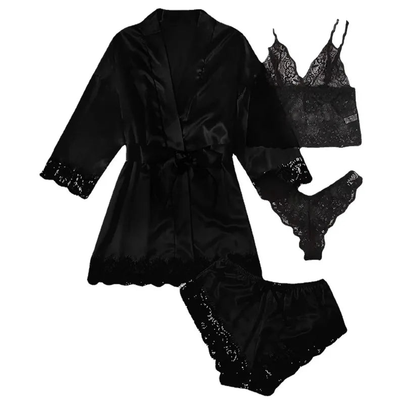 /Set Lace Satin Pajama with Robe - Cami Top & Shorts | SAMAG