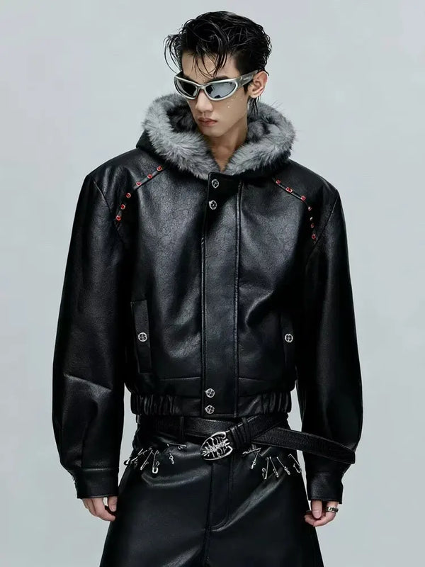 American Style Men's Padded Jackets PU Leather Faux Fur Fleece Thickened Solid Color Loose Male Hooded Warm Coats Tide