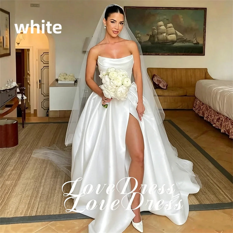 Customized Simple Stain Strapless Pleats A - Line High Side - View 7 | SAMAG