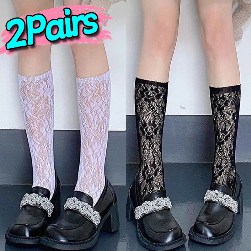 Lace Flower Print Long Socks Lingerie Sexy Floral Mesh High Knee Sock Women Summer Thin Transparent Lolita Kawaii Calf Stockings