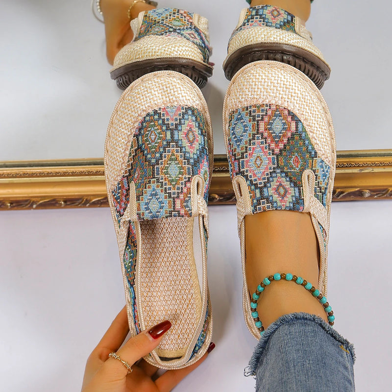 Blue Ethnic Linen Mules for Women - Breathable Non-slip Soft Sole Slip-On Shoes for Elderly Casual Walking