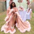 Bathrobe for Women Flare Sleeves Feather Bridal Robe Nightgown Silk Illusion Long Wedding Scarf Dressing Gown Photography Dress