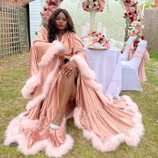 Bathrobe for Women Flare Sleeves Feather Bridal Robe Nightgown Silk Illusion Long Wedding Scarf Dressing Gown Photography Dress