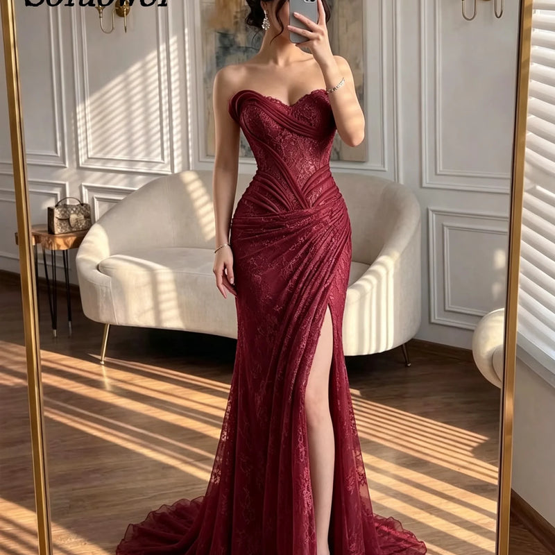 Sweetheart Strapless Lace Mermaid Evening Dresses Pleated | SAMAG