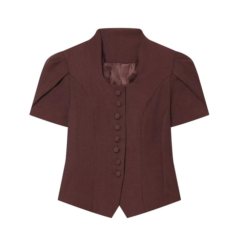 Women V Neck Puff Sleeve Cropped Blouse Button Slim - View 7 | SAMAG