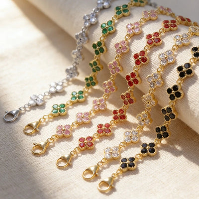 Stainless Steel Colorful Cubic Zirconia Flower Cover Bracelet Adjustable Four - Leaf Clover CZ Stone Jewelry for | SAMAG