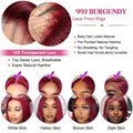 99J Burgundy Lace Front Wig Human Hair 13X6 HD Transparent Straight Lace Frontal Wigs for Women Pre Plucked 200% Density Pre Plucked Invisible Pre Cut Lace Brazilian Virgin Hair