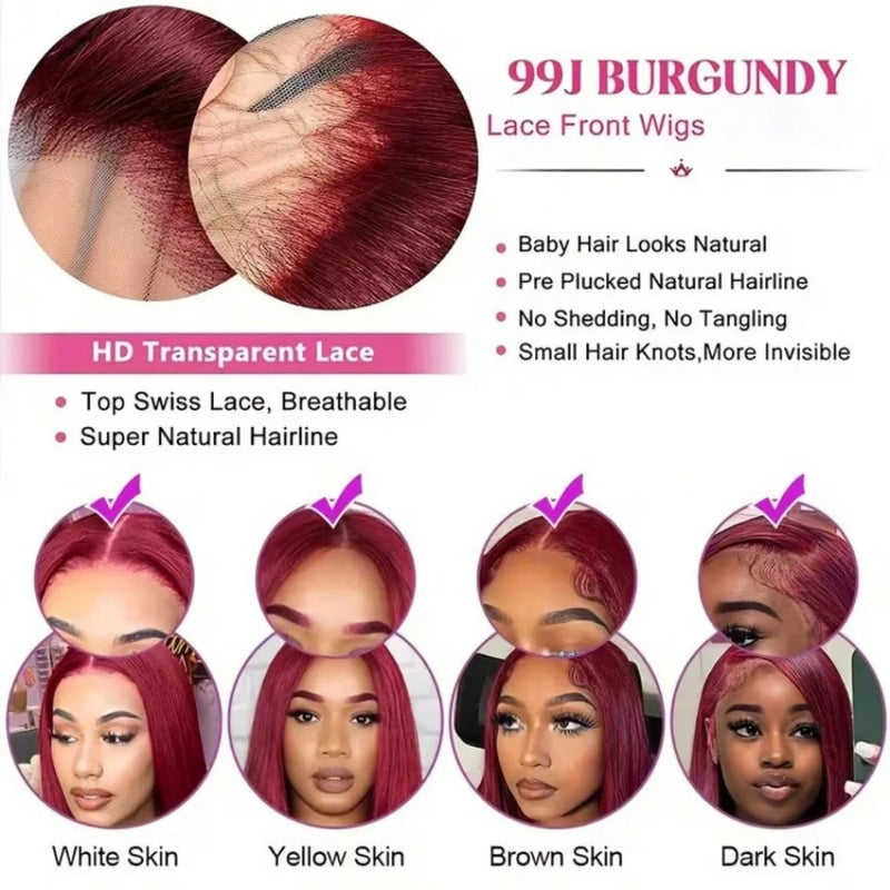99J Burgundy Lace Front Wig Human Hair 13X6 HD Transparent Straight Lace Frontal Wigs for Women Pre Plucked 200% Density Pre Plucked Invisible Pre Cut Lace Brazilian Virgin Hair