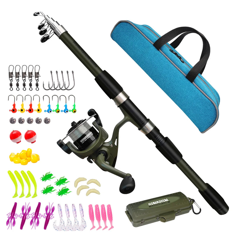 New 1.65mTelescopic Fishing Rod And Spinning Reel Kit with Baits Hooks Travel Pole Set Bait Hook Tackle Set for Outdoor Sports