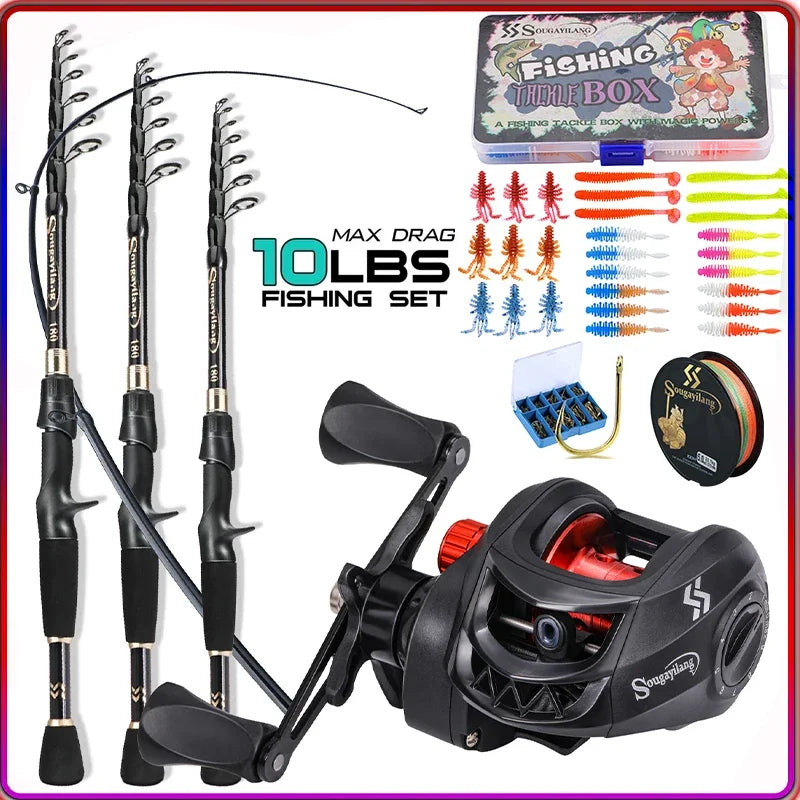 Sougayilang Casting Fishing Rod Combo High Carbon Telescopic Rod and Baitcasting Reel with Lure Line Max Drag 8kg for Bass Trout