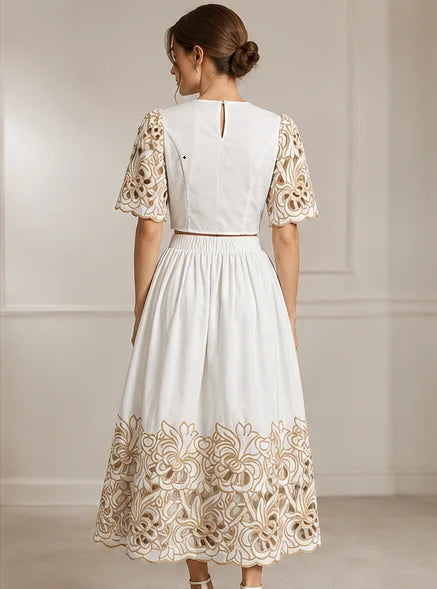 Embroidery Top And Skirt Elegant Hollow Out Color Contrast Women Two Piece Set Spring Summer Outfits