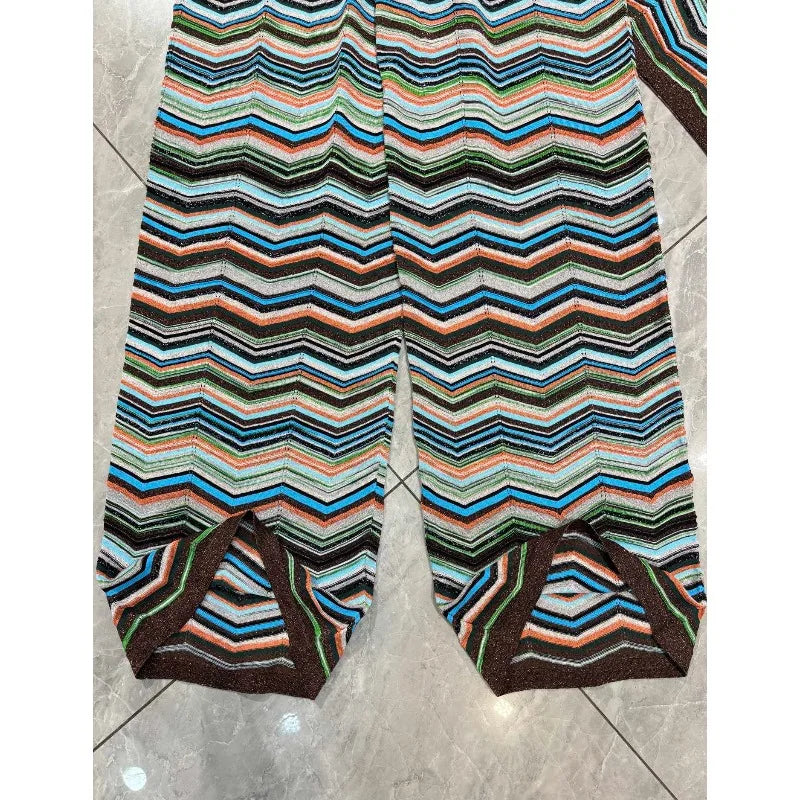 Metallic Striped Pleated Printed Pants Set for Women Fashion 2026 Summer New Slim Fit Elastic Vest + Straight Pants 2-Piece Set