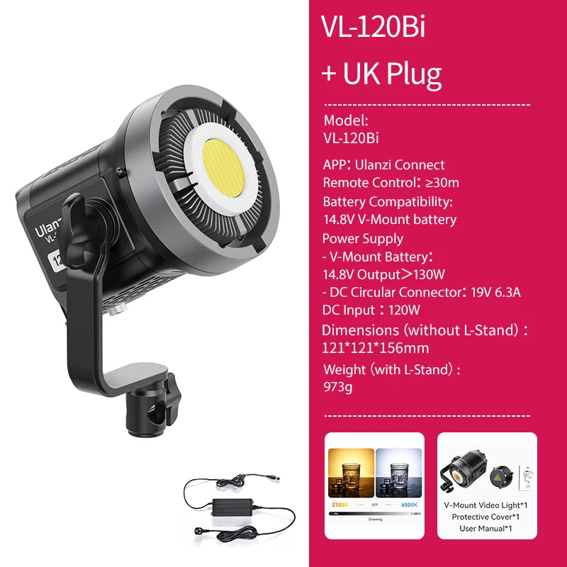 Ulanzi VL-120Bi VL-120C 120W V-Mount COB Video Light Wireless APP Control 2700K-6500K CRI＞95 for Video Photography Studio