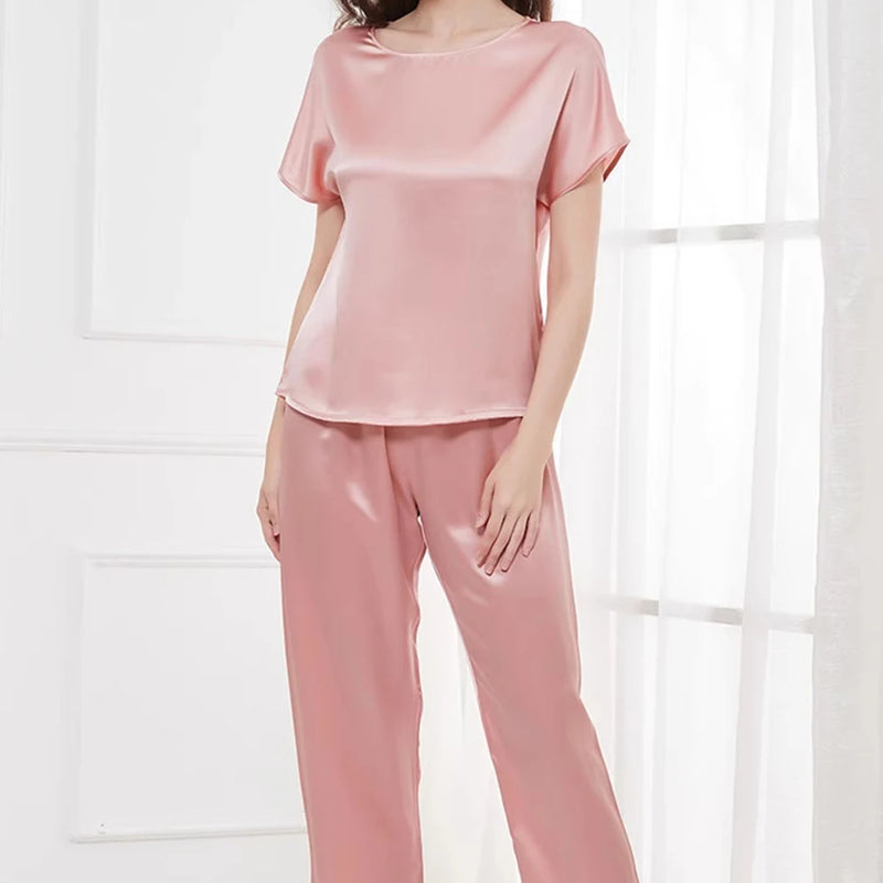 Pajama Set for Women 2 Piece Capri Pants Short Sleeve Top 19 Momme Mulberry Silk Sleepwear Pjs Loungewear M-3XL