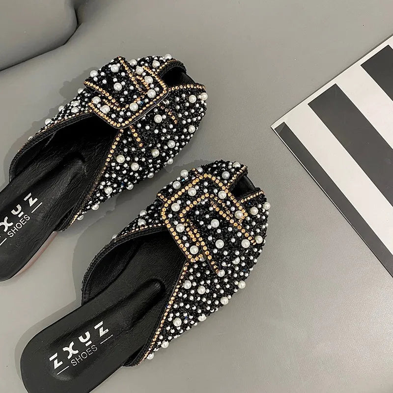 Luxury Fashion Pearl Decor Closed Toe Women's Slippers 2026 New Summer Round Toe Soft Sole Casual Women Shoes Claquette Femme