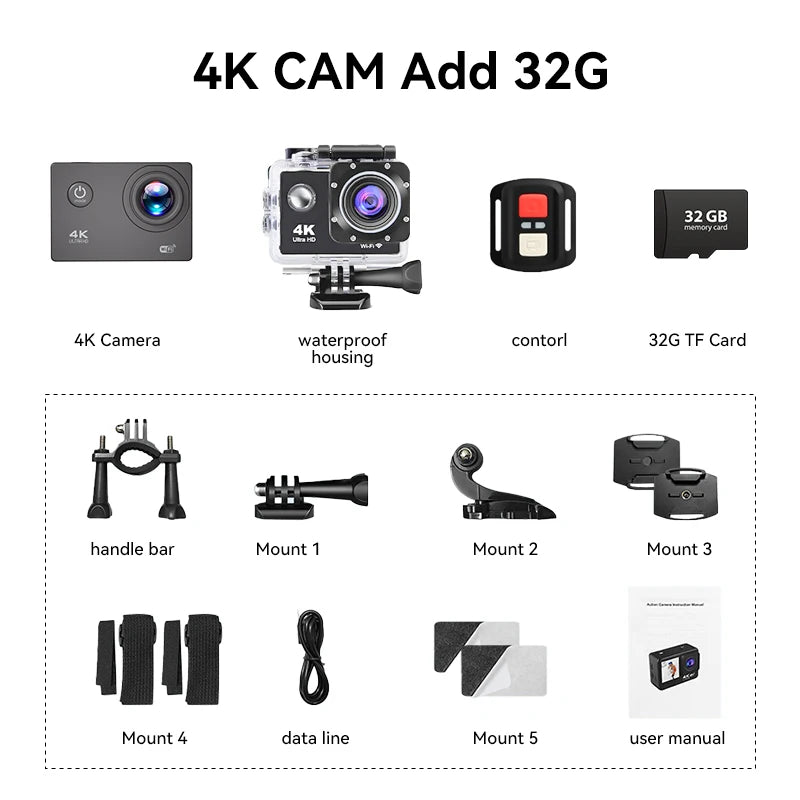 Null Outdoor 4K WiFi Action Camera Video Recording 4K/30FPS 2.0"170D GPS 4X Zoom Underwater Waterproof Sports Camera Helmet