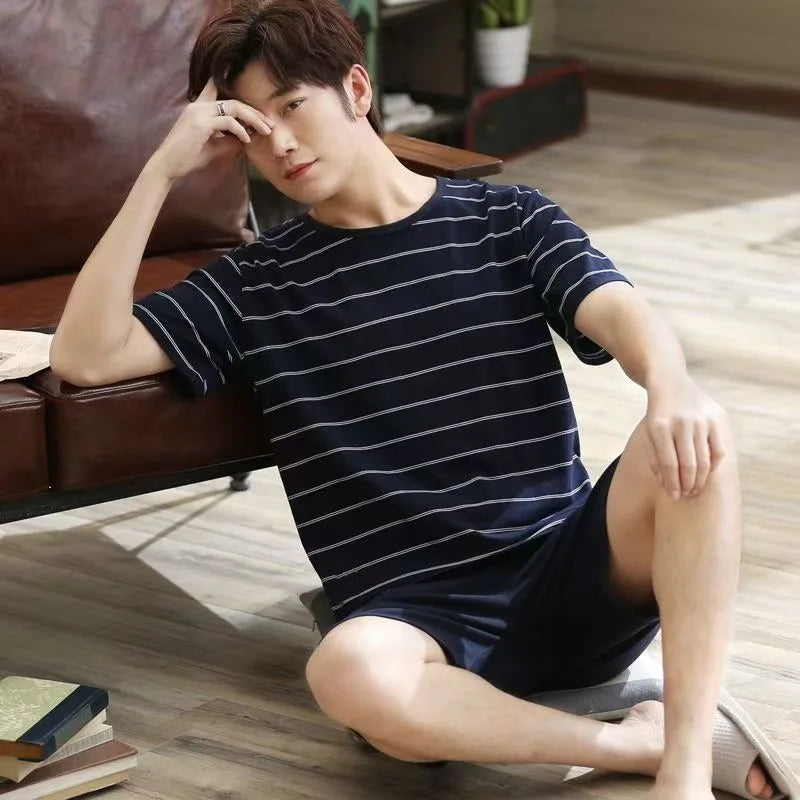 Men's Summer Pyjamas Set: Short-Sleeved Top and Shorts Youthful Student Style with Cartoon Stripes Summer Homewear Ensemble