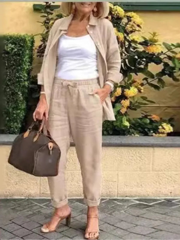 2025 Autumn Spring Casual Suit Women Cotton Linen 2 Piece Set Solid Color Loose Button Shirt + Pants Sets Daily Women's Clothing