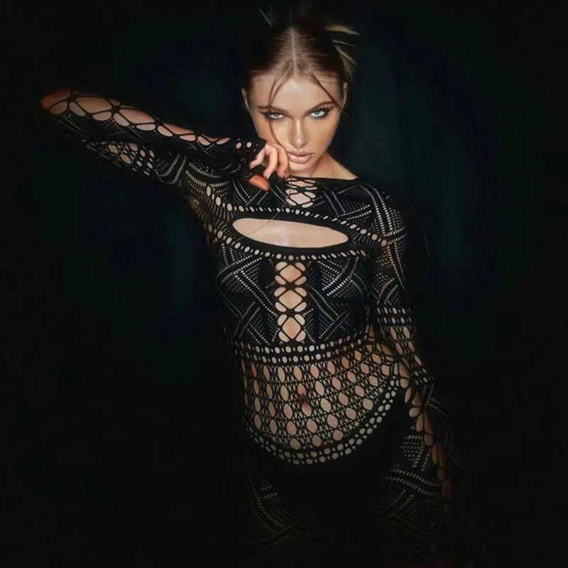 Sex Dress Jumpsuit with hollowed out tight lace and sexy hip hugging skirt casual women's long dresses daring lingerie woman xxx