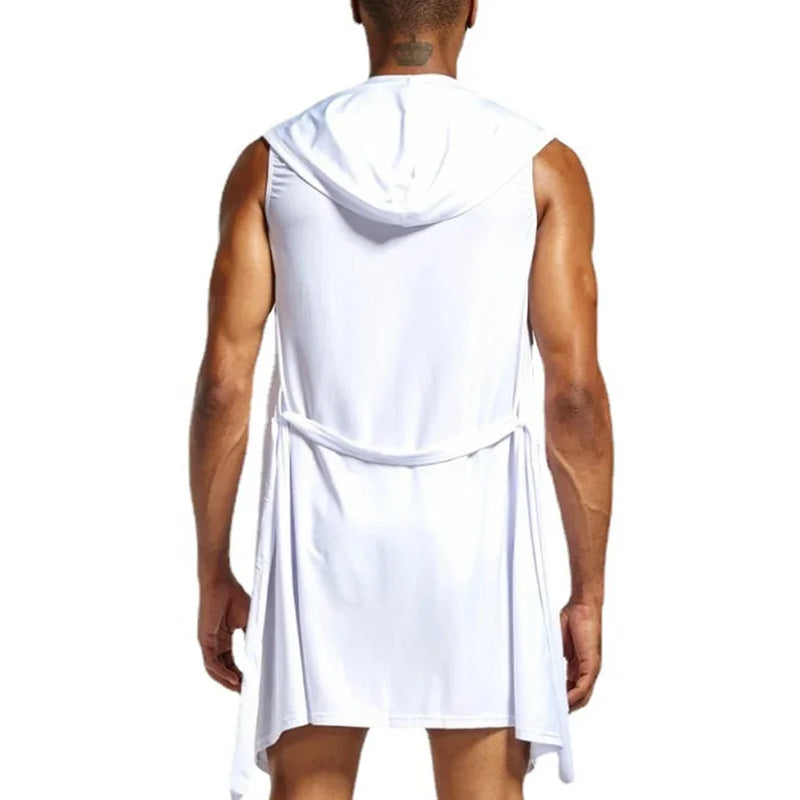 Men's Home Bathrobe Sleeveless Silky Smooth Soft Hooded Sleeping Robe Pajama Comfortable Ultra-thin Lingerie Loose Bathing Suits