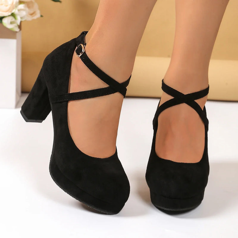 Women Pumps High Heels Thick Soles Shoes Ankle Strap Wedding Party Shoes Cross Strap Platform Square Heel Round Toe Sexy Sandals