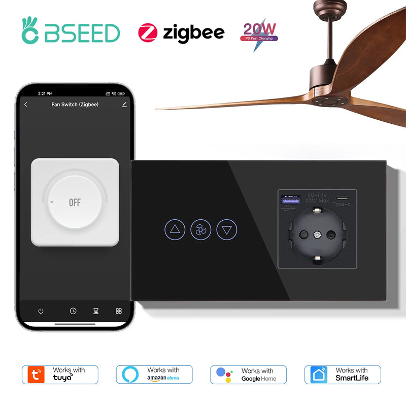 BSEED Zigbee Fans Switches Smart Wall Touch  Speed Control Switch With EU Socket Support Tuya Smart Life Alexa Voice Control