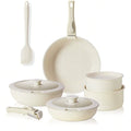 Pots And Pans Set Modern Minimalist Nonstick Cookware Set Beige Granite Coating Creamy White 12 Pcs Stackable Induction Cookware With Detachable Handle Oven Safe Space Saving For Kitchen RV Camping Cooking
