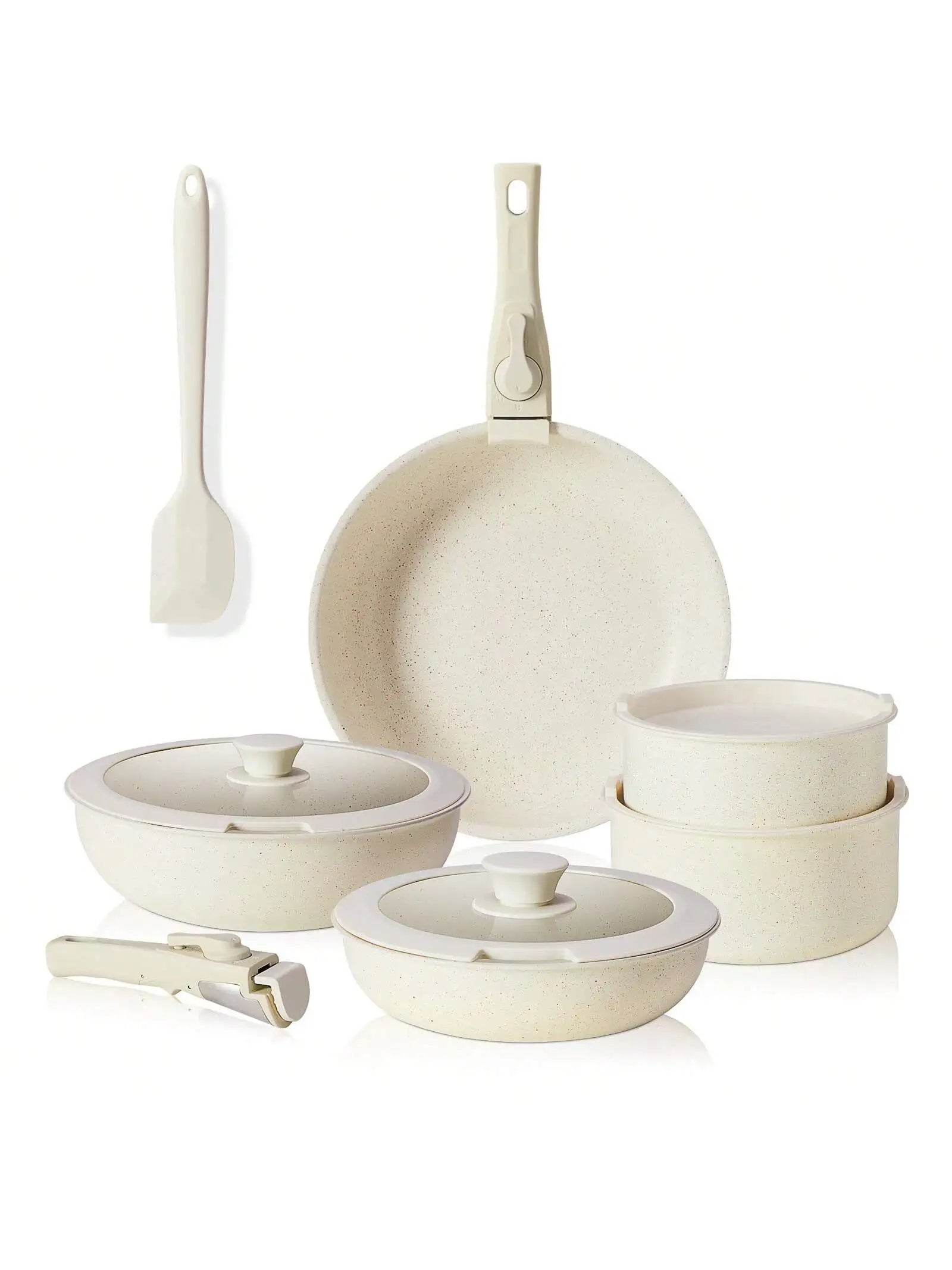 Pots And Pans Set Modern Minimalist Nonstick Cookware Set Beige Granite Coating Creamy White 12 Pcs Stackable Induction Cookware With Detachable Handle Oven Safe Space Saving For Kitchen RV Camping Cooking