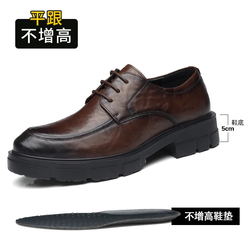 Men's Business High Heeled Leather Shoes Casual Thick Sole 10cm Height Increasing Hand Painted Pattern Trendy Formal Dress Shoes