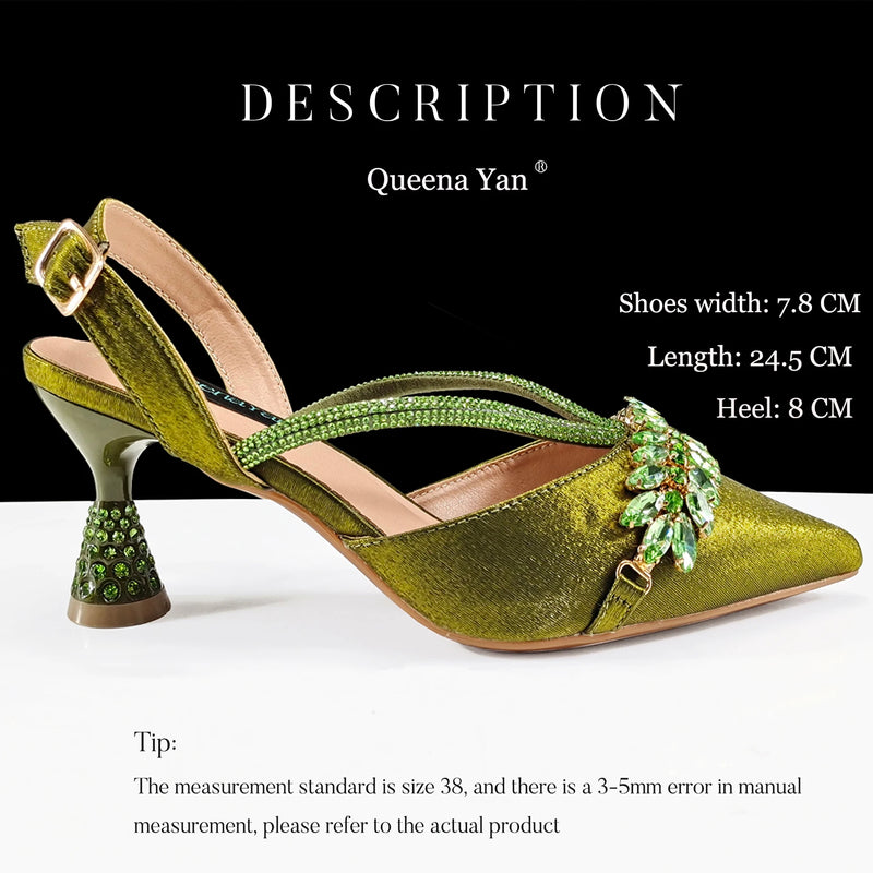 Queena Yan New Arrival Fashionable Olive Color Diamond Decorative Party Wedding Pointed Toe Women's High Heels and Bag Set