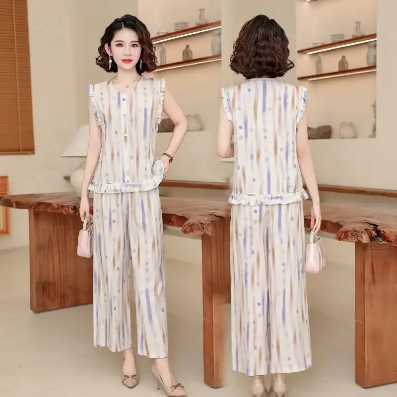 Women 2 Piece Outfit Sleeveless Printed Top And Wide Leg Pants Summer Casual Mom Wear For Middle Aged