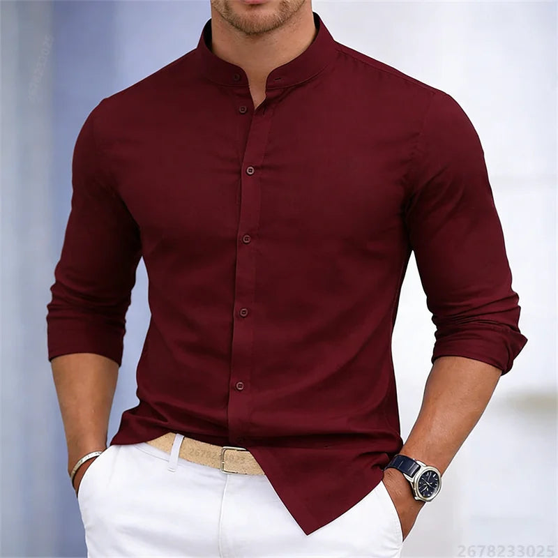 Men's stand-up collar white or black long-sleeved shirt | SAMAG