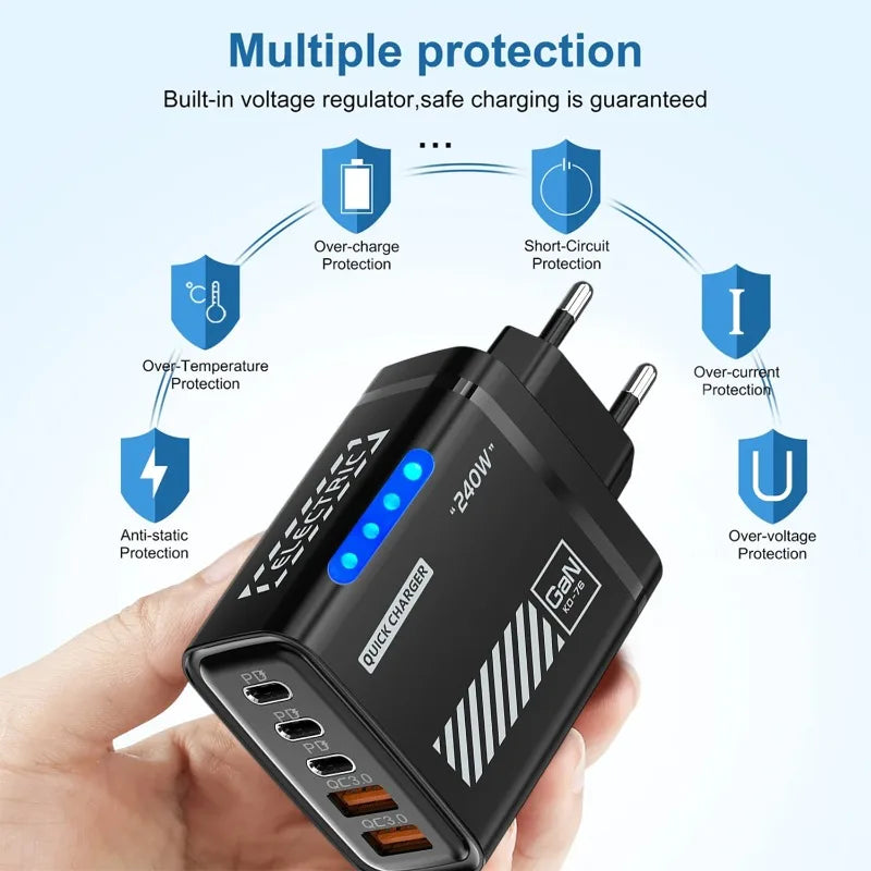 240W 5 in 1 GaN Desktop Charger Fast Charging Adapter 10A USB To TypeC Cable 3PD 2 USB Charger For IPhone Samsung Laptop