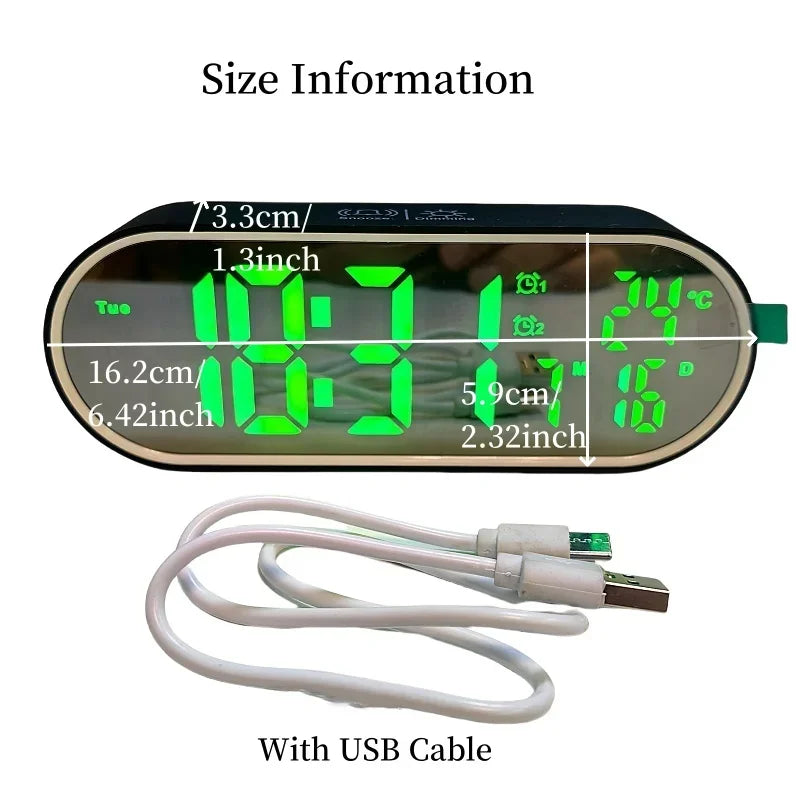Digital Alarm Clock TEMP Date Week 2 Alarms Night Mode Snooze 12/24H Anti-disturb Voice Control Rechargeable LED Mirror Clock