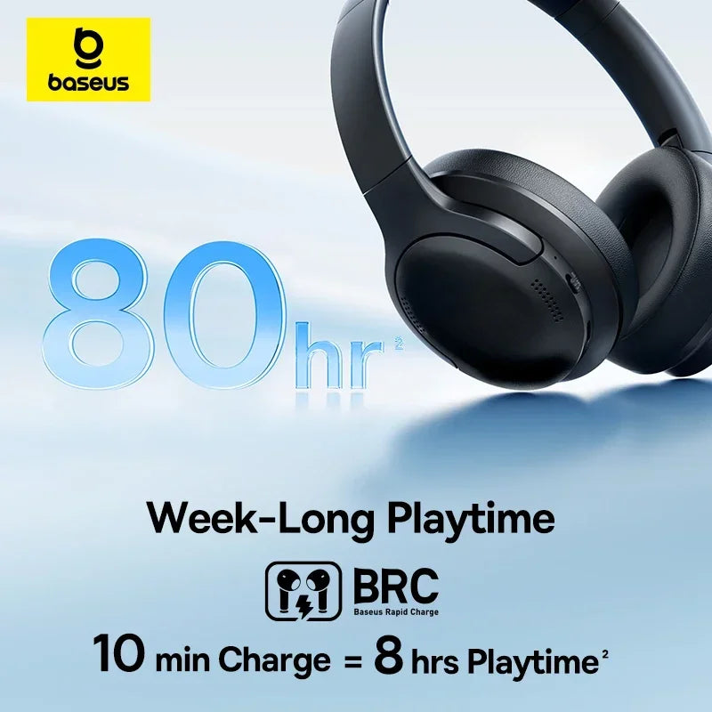 Baseus BH1 Lite ENC Wireless Headphones Bluetooth 6.0 Clear Call Headsets Super Bass Hit Earphones 80H Playtime Over Ear Headset