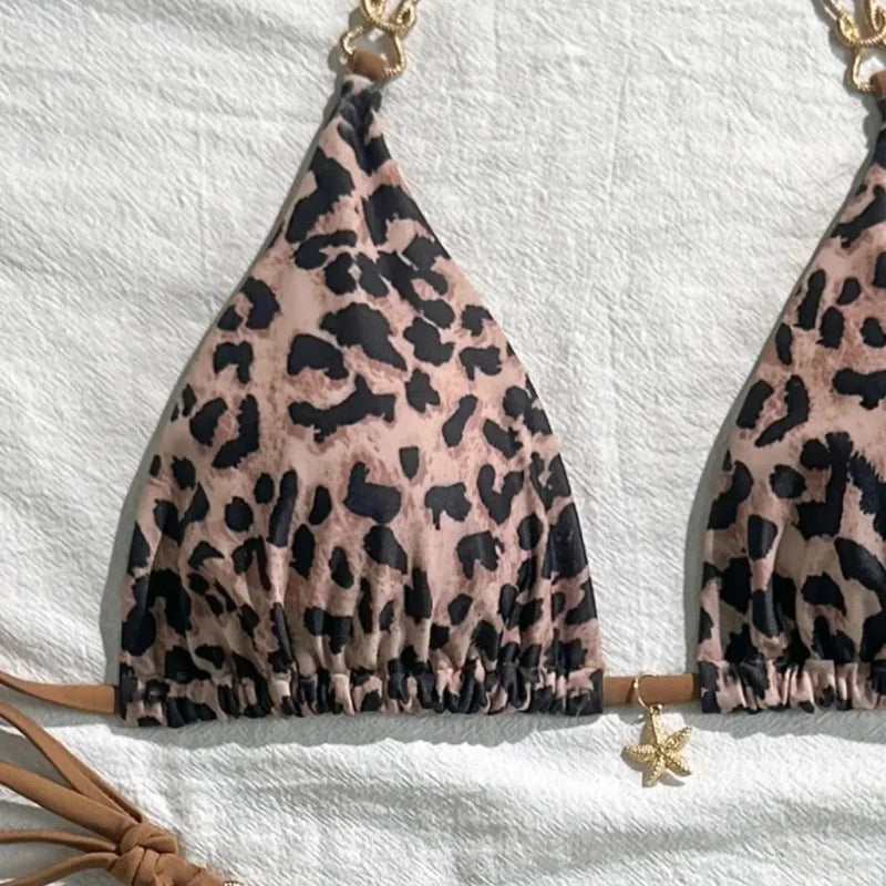 2025 New Arrival European and American Leopard Print Halter Bikini Set for Women, Sexy Swimsuit