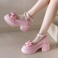 Fashion Versatile Bow Decor Round Toe High Heel Shoes for Women 2026 New Pearl Chain Solid Thick Heel Casual Comfort Single Shoe