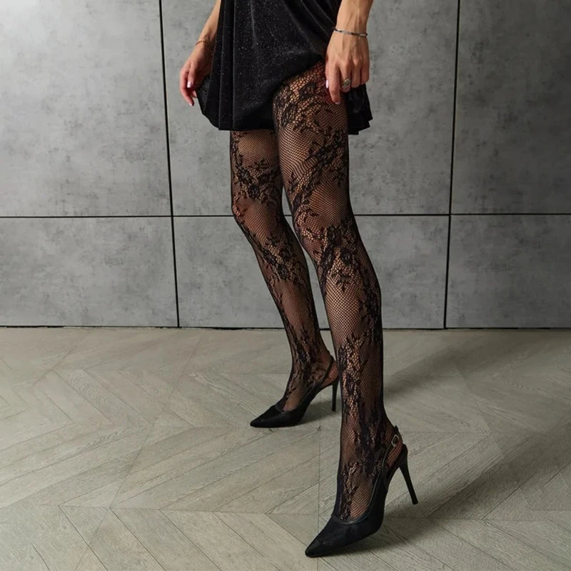 Y2K Lolita Lace Flora Tights Women Sexy Thigh High Stockings Pantyhose Lingerie Hosiery Mesh Fishnet Stockings Women Tights