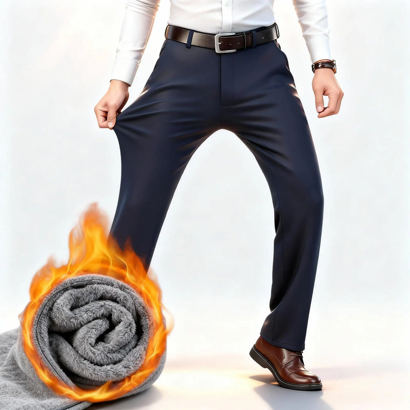 Winter Fleece Warm Business Formal Pants Men Classic Work Office Grey Elastic Waist Suit Thicked Thermal Trousers Plus