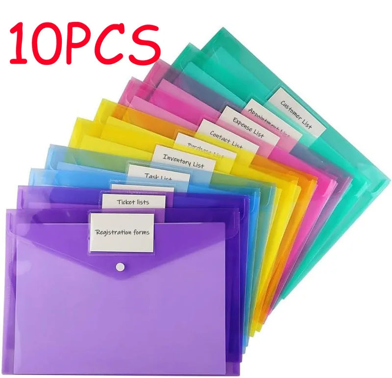 10/5pcs A4 Folders Plastic Envelopes Clear File Folder for Document Poly File with Label Pocket Snap Button for Office Organizer