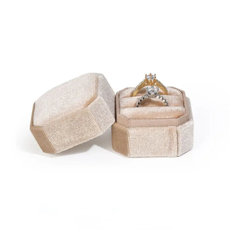 Hexagon Shape Velvet Jewelry Box Double Ring Storage Box Woman Gift Earrings Package Case Wedding Ring Display Packaging Box