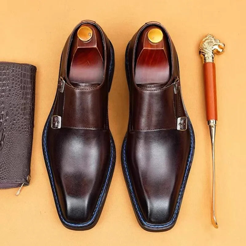 High-end Cowhide Leather Shoes For Men Square Toe Double Monk Strap Shoes Mens Dress Shoes Slip On Business Formal Shoes