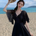 Women's One Piece Swimdress V Neck Sheer Lace Flare | SAMAG
