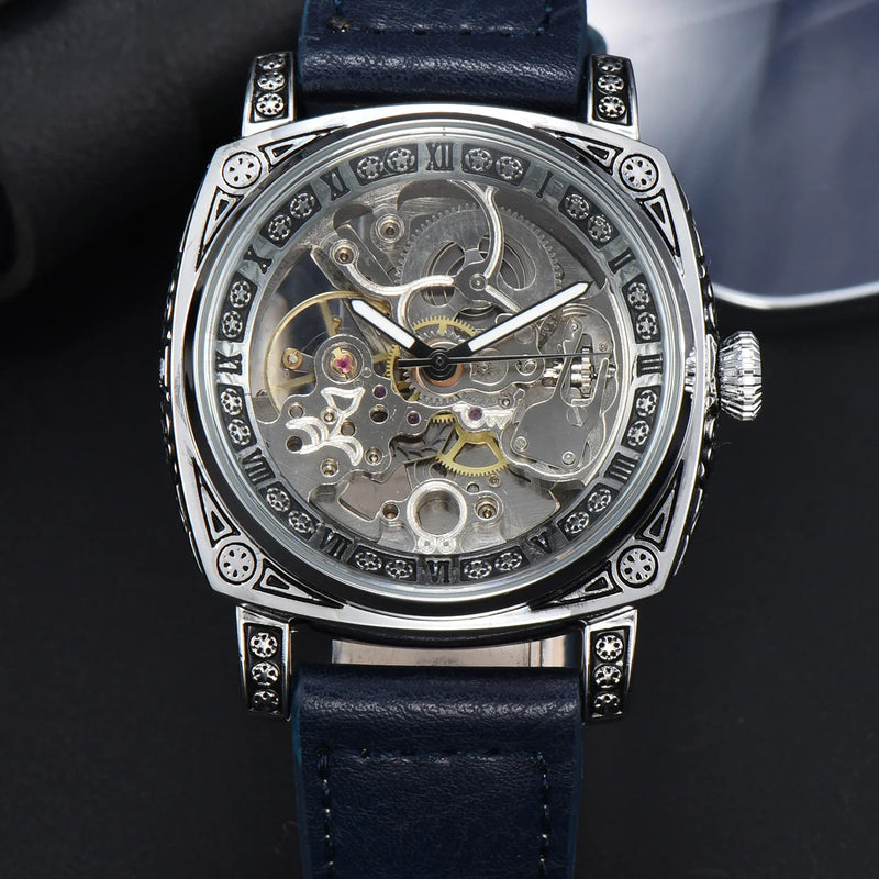 Men Automatic Watch Retro Style Mechanical Watches Skeleton Carve Waterproof Leather No Logo Mens Watch Boyfriend's Gift