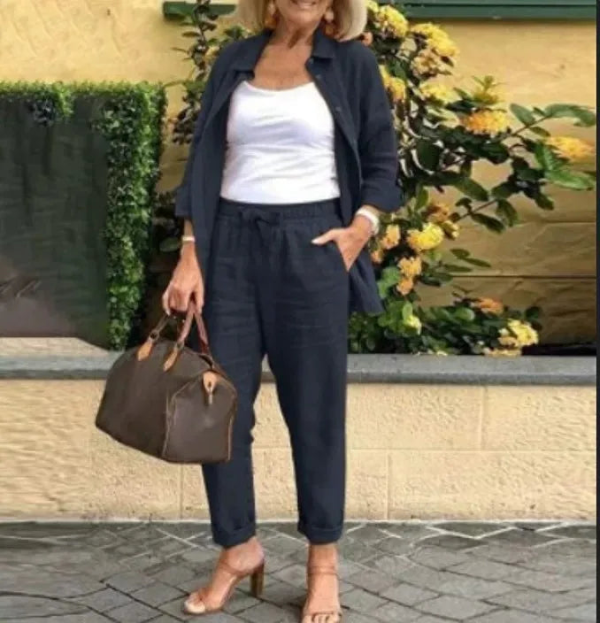 2025 Autumn Spring Casual Suit Women Cotton Linen 2 Piece Set Solid Color Loose Button Shirt + Pants Sets Daily Women's Clothing